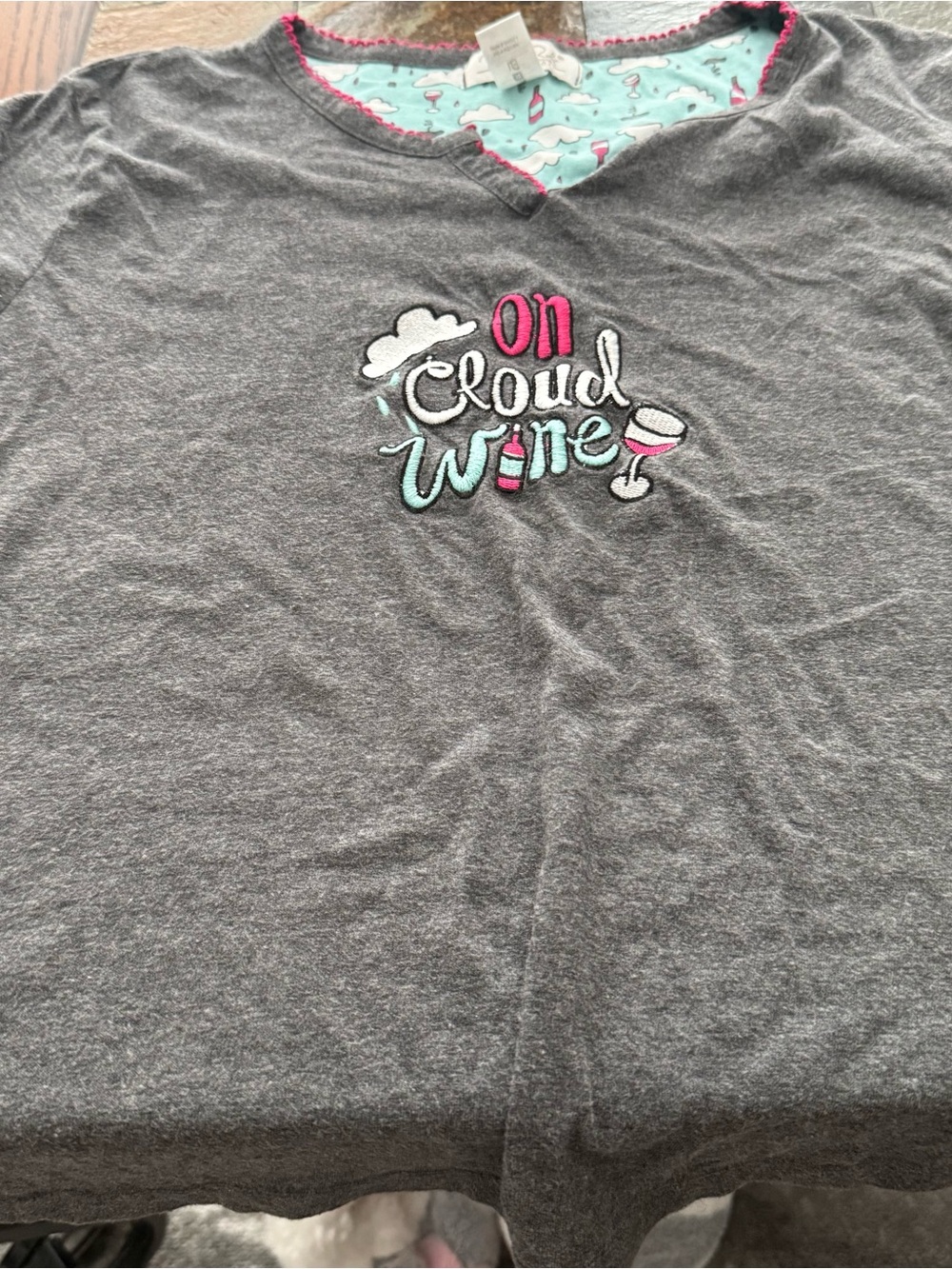Rene Rofe Gray Tee with Pink & Aqua Embroidery